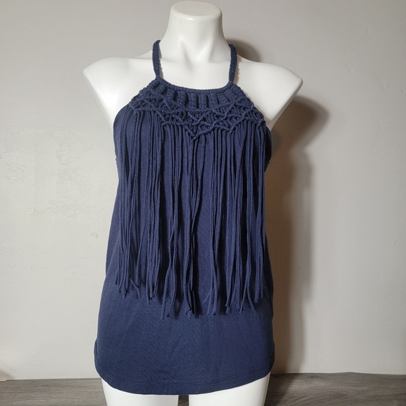 Ariat Tops - ARIAT Blue Top Fringe Size M Women  Weave Boho Summer High Neck Western